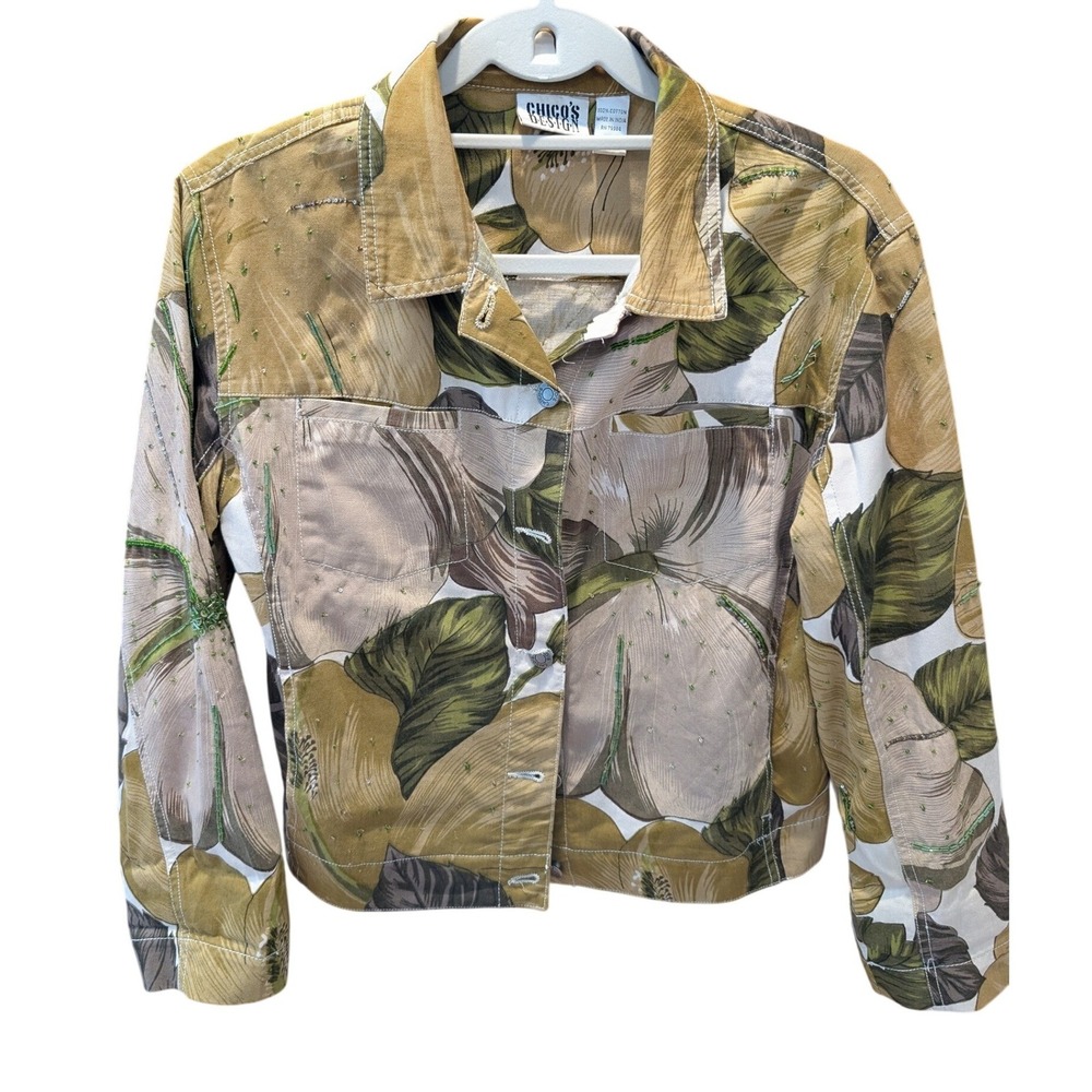 Chicos Design Tropical Floral Beaded Cotton Jacket Olive Green Tan Size 0 Small